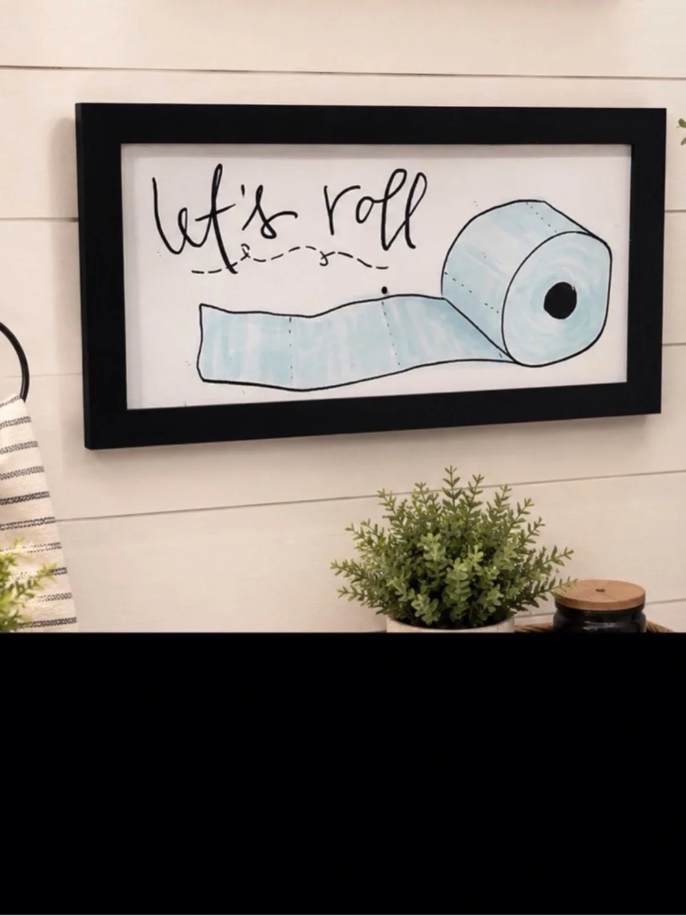 Let’s Roll Bathroom Wall Sign – Framed Farmhouse Bathroom Decor 13” x 8”